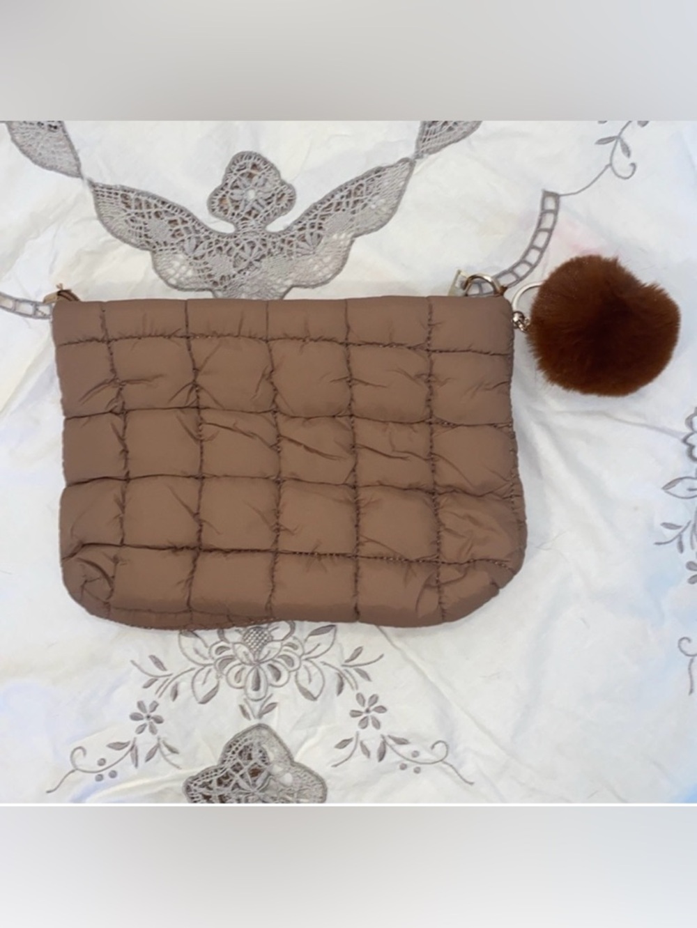 Beige Quilted Women's Bag with Pom Pom Key Chain NWT